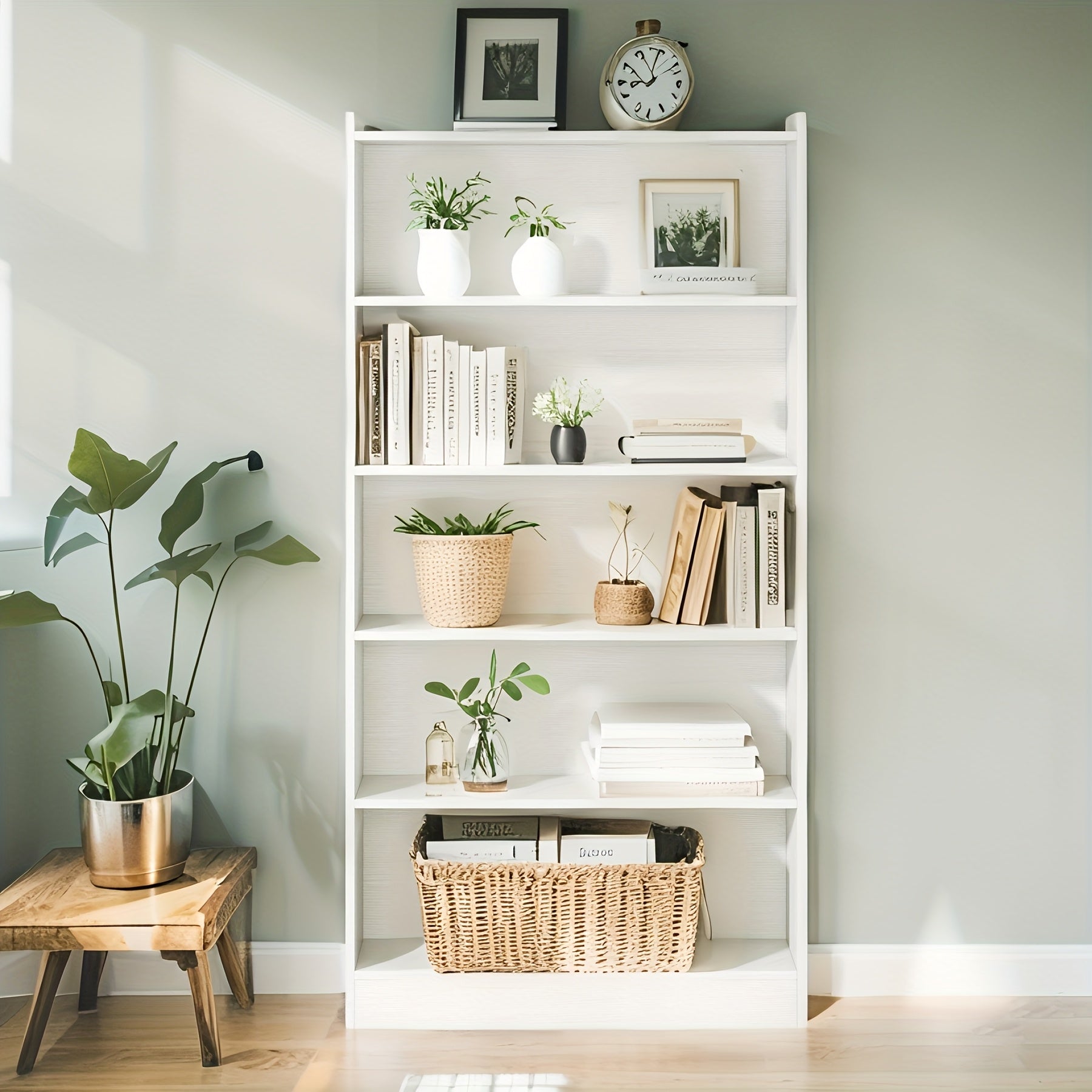 5-Tier White Modern Wooden Storage Display Shelf – Assembled 5-Layer Organizer for Books, Decor, and Artwork, 11.81\