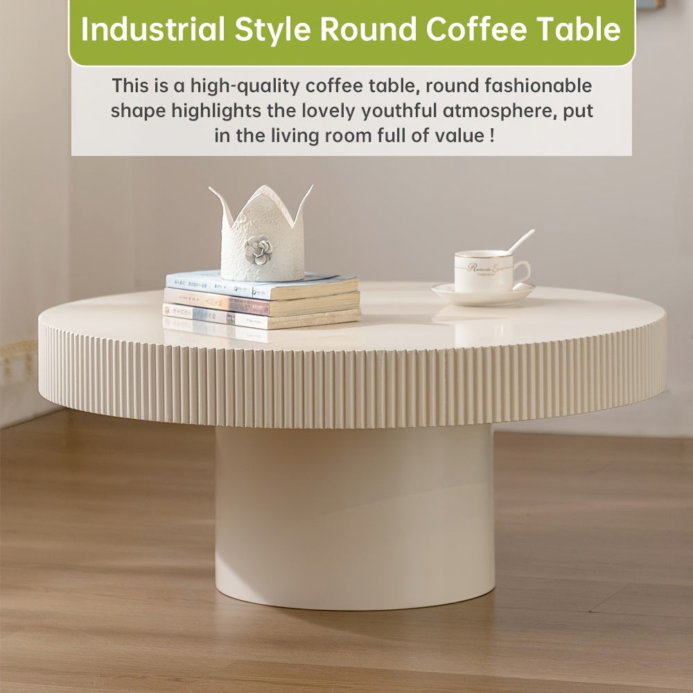 Elegant White Round Drum Coffee Table – Mid-Century Modern Design, Sturdy Circular Pedestal Base with Fluted Edges, Ideal for Living Room or Farmhouse Decor, Farmhouse Coffee Table|Minimalist Design|Sturdy Pedestal Base, Coffee Table for Living Room