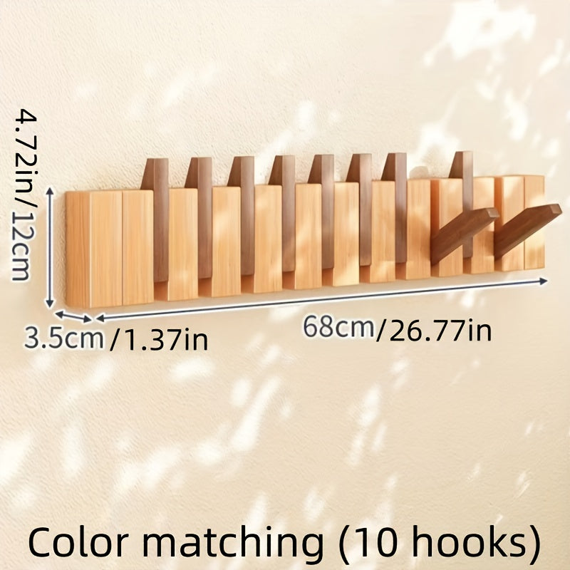 1pc Boho Style Wooden Piano Key Wall Rack, Easy Install Wall Mounted Coat Hook, Folding Hanging Storage Organizer for Bedroom, Entryway, Foyer, Mudroom - Aesthetic Room Decor