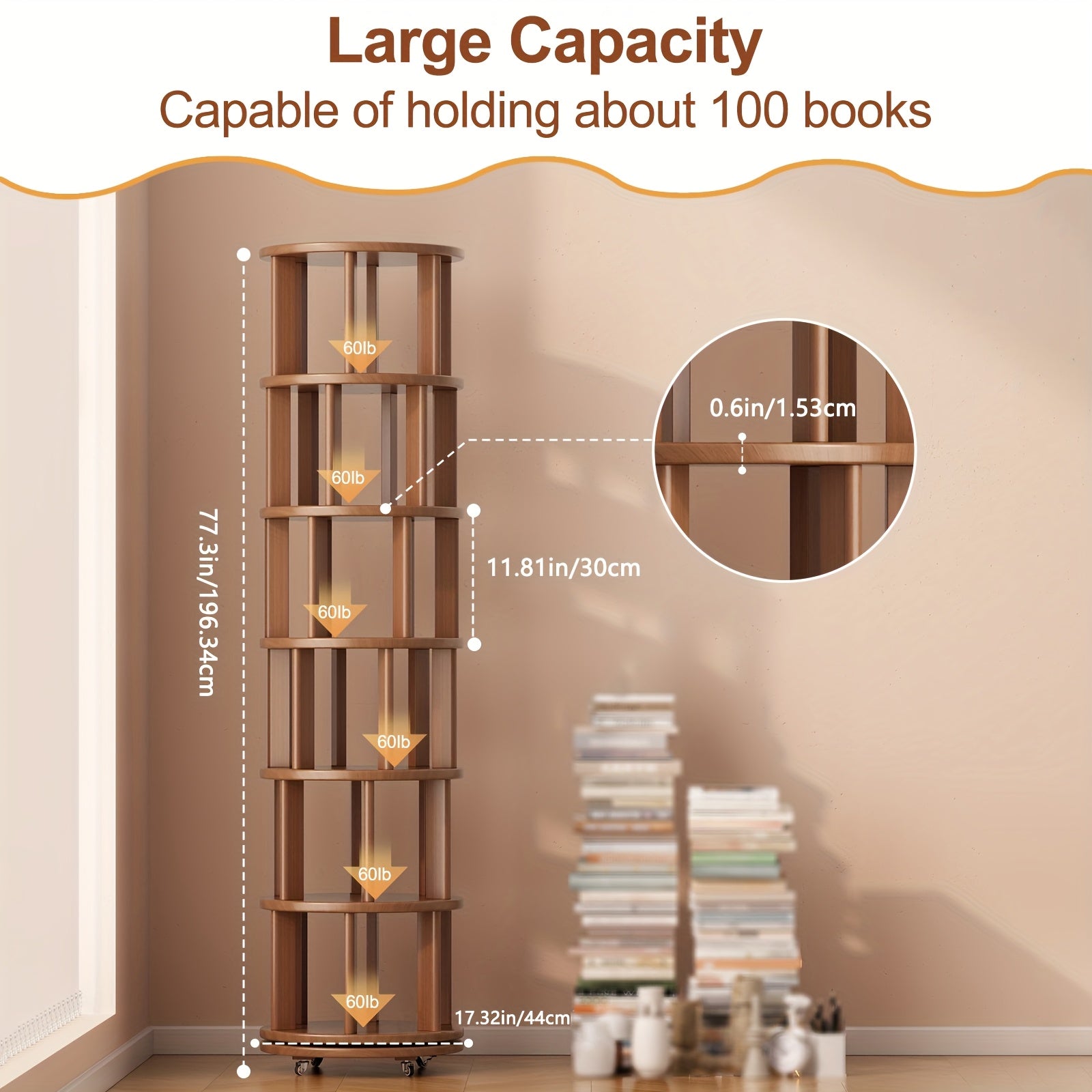 Furniture For Home Solid Wood Rotating Bookshelf With Brake Wheels In Classic Walnut, 360° Display 6 Tier Stackable Spinning Bookshelf Tower, Revolving Bookcase For Small Space Free Shipping