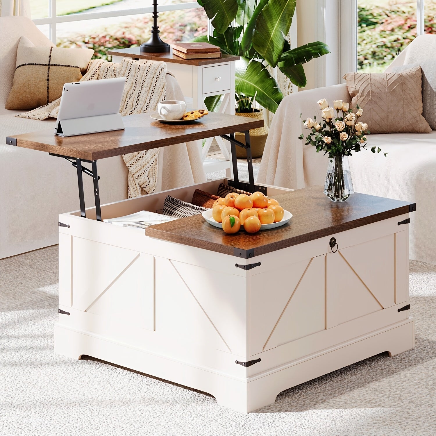 Versatile Farmhouse Lift Top Coffee Table - Square Wooden Centerpiece with Spacious Storage, Easy-Lift Hydraulic Mechanism, Perfect for Living Room & Bedroom Decor, Country Cocktail, Hidden Storage Compartment, Multi-Function Convertible