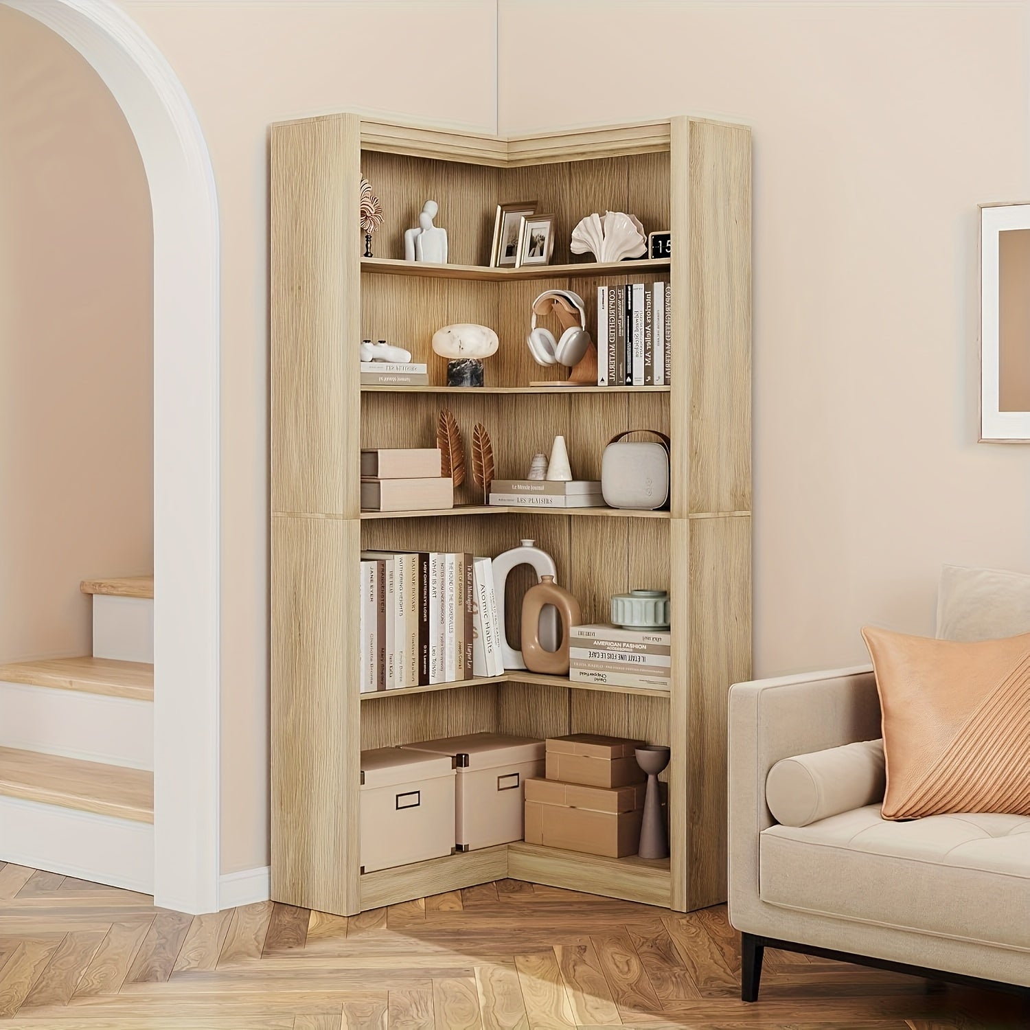 Cabihome 71. 8-inch Corner Panel Bookcase Bookshelf, 5-layer Freestanding Display Rack with Open Storage Space, Easy to Assemble, Suitable for Living Room, Bedroom, Office (Original Wood\u002F Black\u002F Vintage Color)