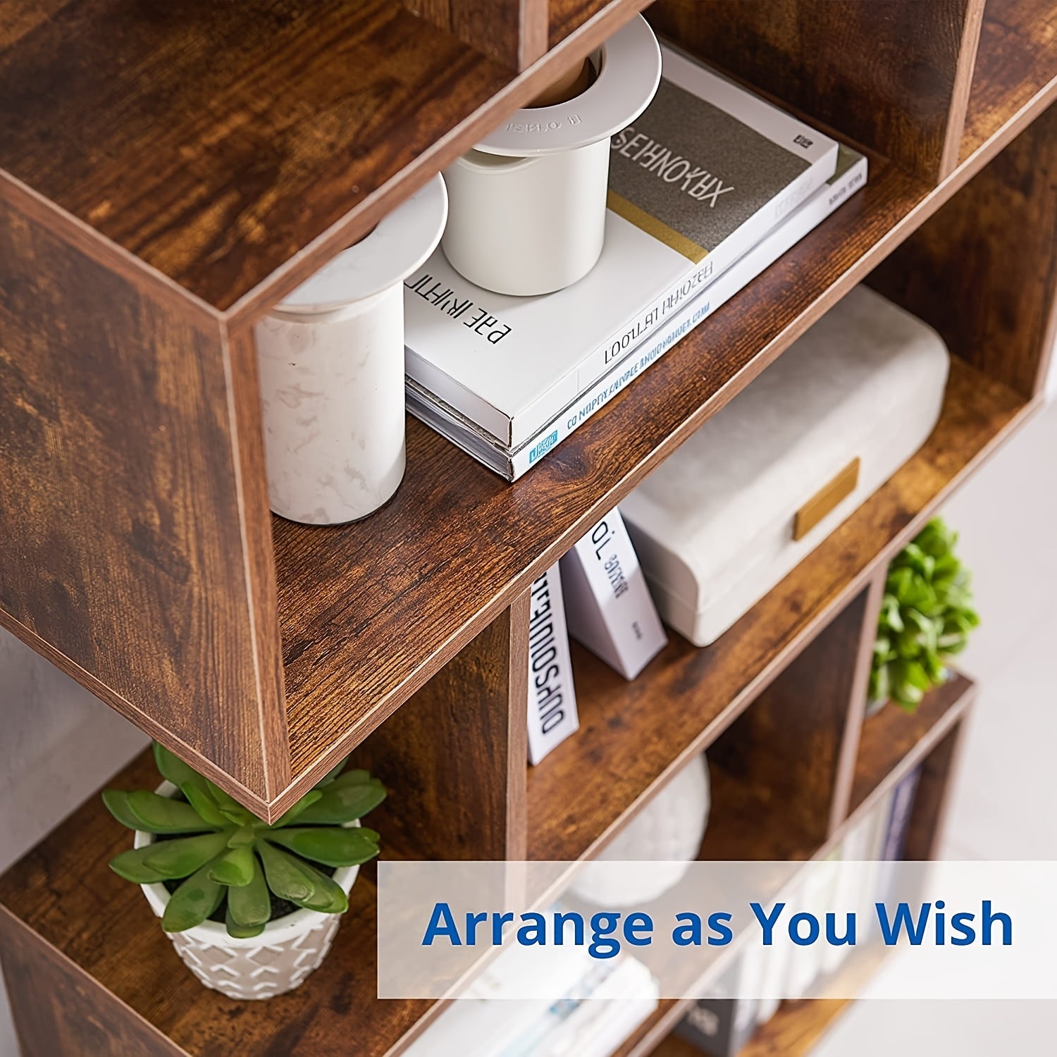 Aurorome 5-Tier Wooden Geometric S-Shaped Bookcase, Set Of 2 Storage Rack with Open Shelves, Shelving for Plant Album, Trinket Display, Spacious Storage Display Shelf - 62.5\