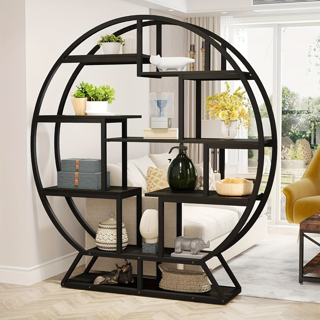 63-inch Industrial Wood Round Bookshelf, Rustic Open Shelving Organizer for Home Office, Living Room, Black