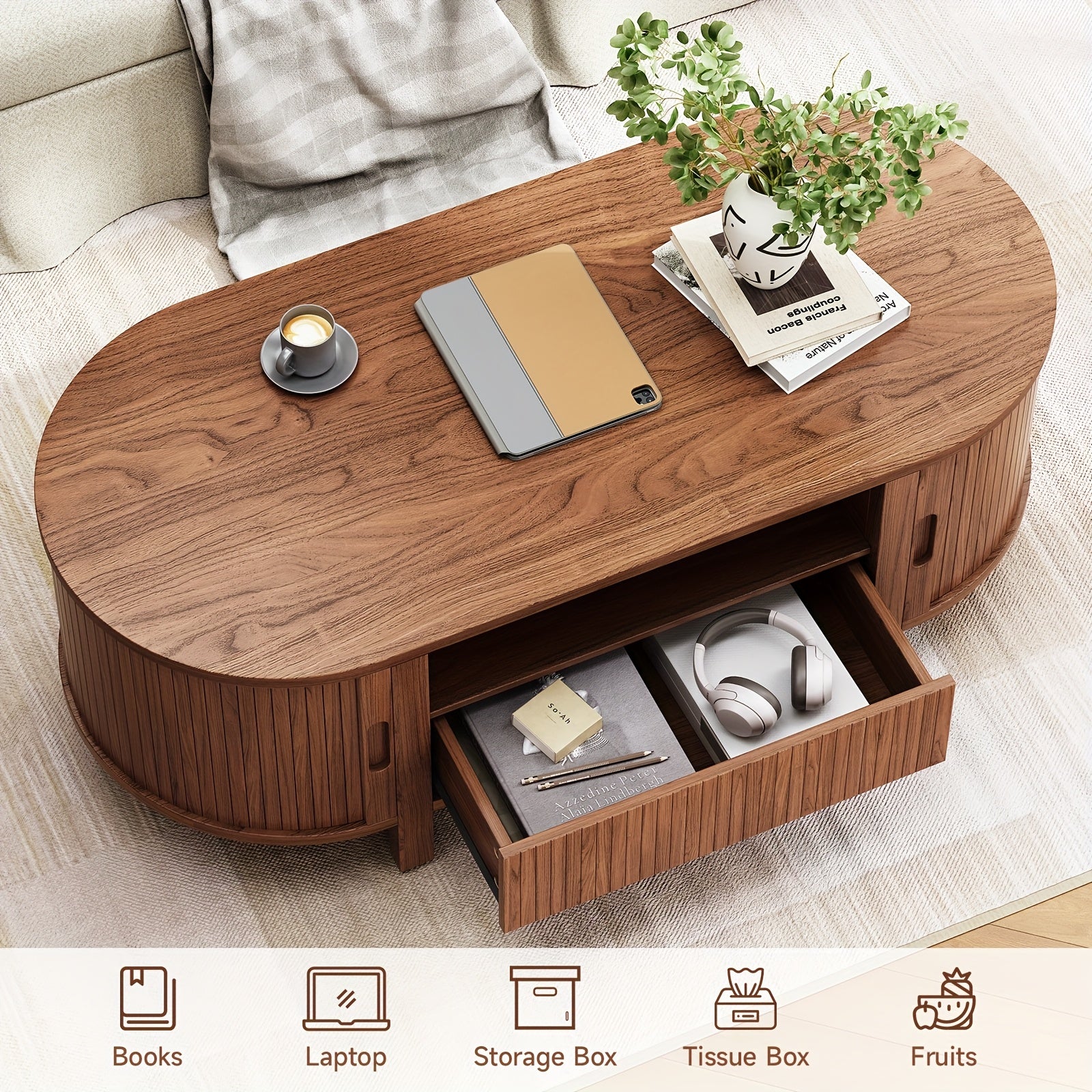 47.2 Inch Oval Coffee Table With Storage, Mid Century Modern Coffee Table With Drawer, Center Tables With Sliding Door And Wood Fluted Handle For Living Room, Walnut\u002FBlackNatural White