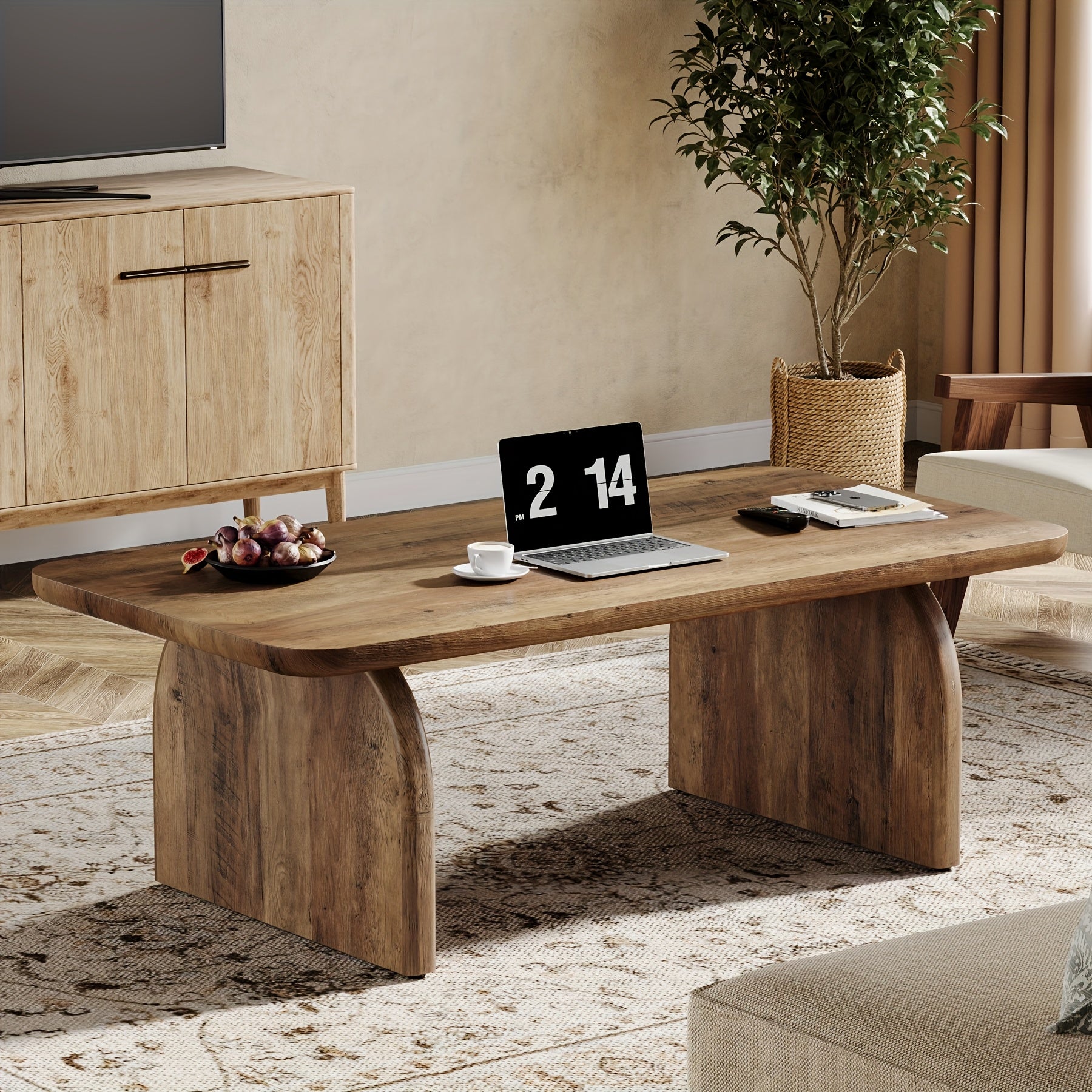 Farmhouse 47-Inch Coffee Table, Vintage Wood Rectangle Living Room Table, Modern Accent Center Table Low Tea Table with Sturdy Base & Rounded Corners, Easy Assembly, Rustic Brown\u002FBlack
